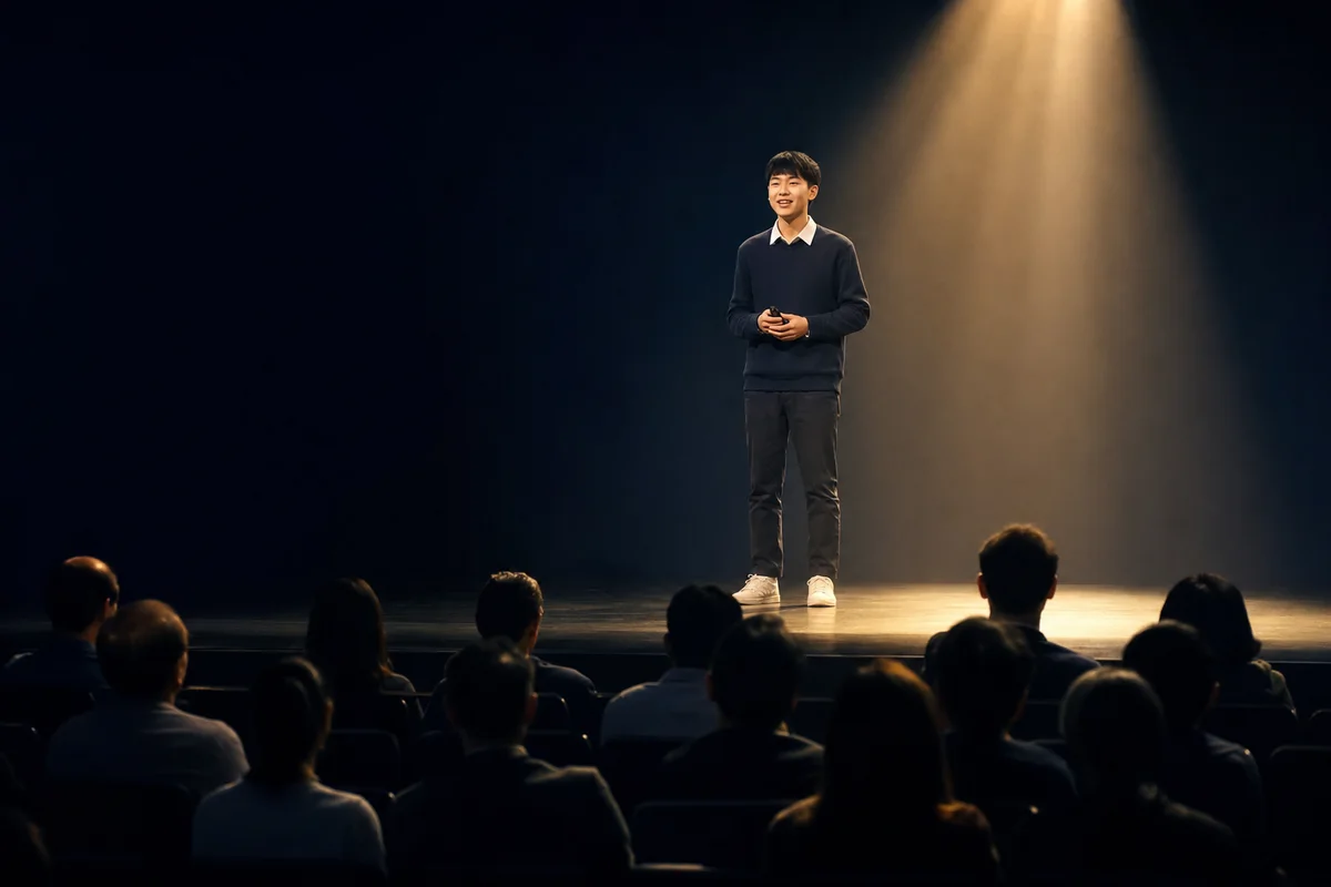 學生站在舞台聚光燈下發表自己的公司，台下坐著家長與觀眾，像一場小型 IPO 路演
