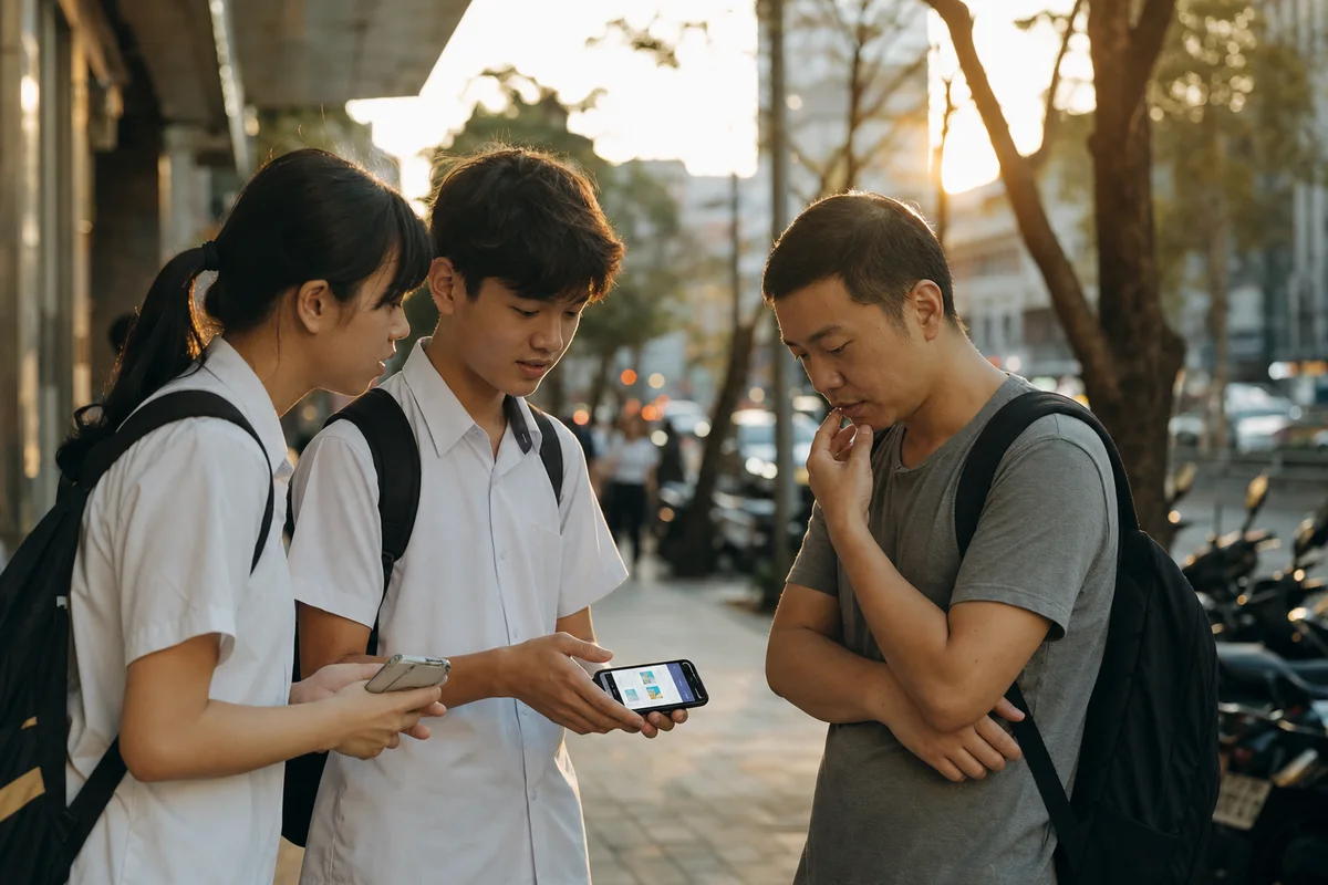 學生在台北街頭把手機上的產品拿給陌生路人試用，黃昏暖光的市場驗證